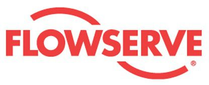 A red and white logo for flowserve on a white background.