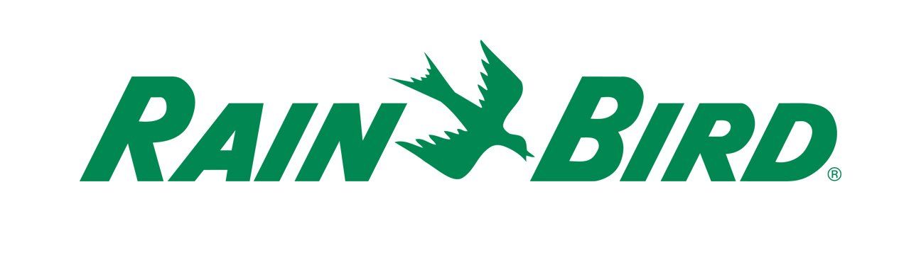 The rain bird logo is green and has a bird on it.