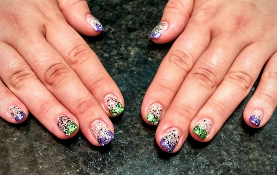 purple and green glitter manicure