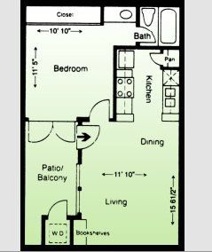 Floor plan of a small apartment with bedroom, kitchen, living, dining, patio, and bathroom.