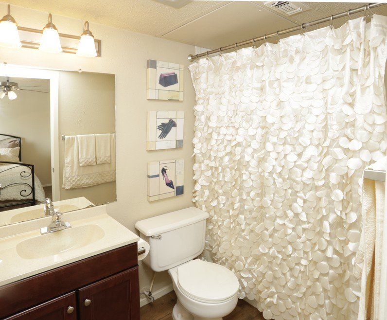 Bathroom with white shower curtain, toilet, sink, mirror, and artwork.