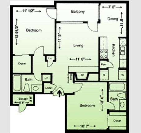 Floor plan of an apartment with a living room, two bedrooms, a kitchen, and a balcony.
