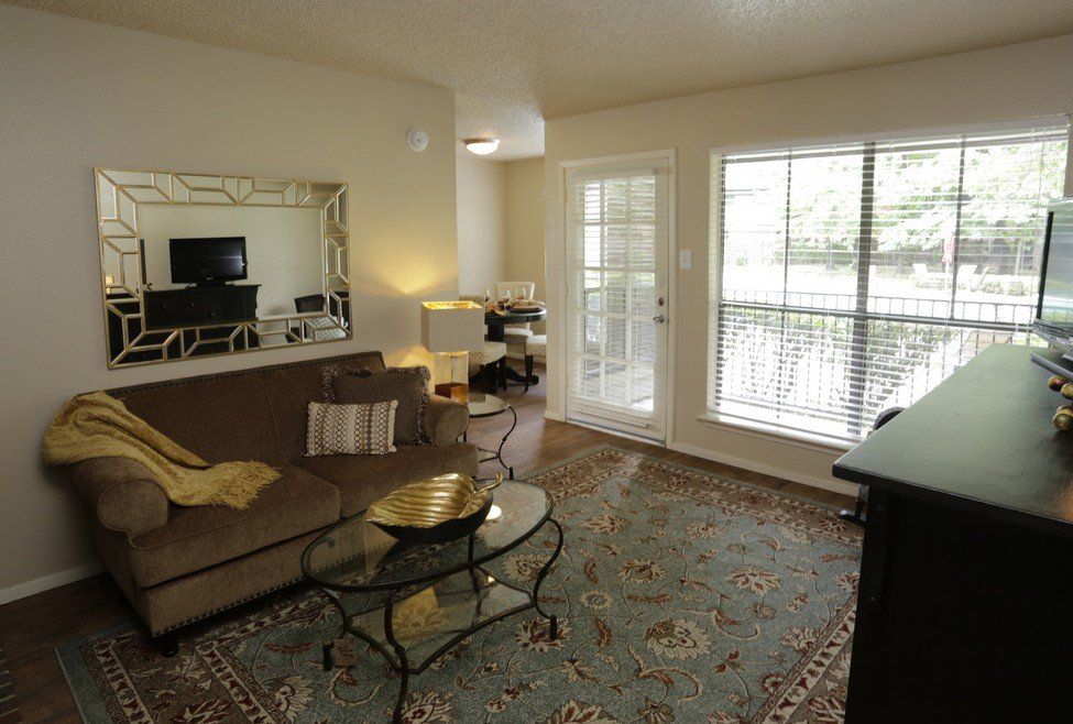 Living room with brown sofa, rug, glass table, large mirror, and French doors to a patio.