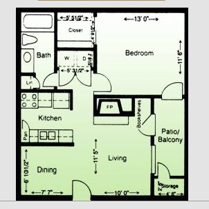 Floor plan of a one-bedroom apartment with a kitchen, dining area, living room, and balcony.