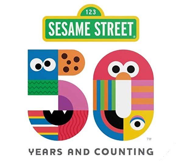 Sesame Street 50th anniversary logo featuring a colorful number 50 stylized with iconic character patterns and eyes.