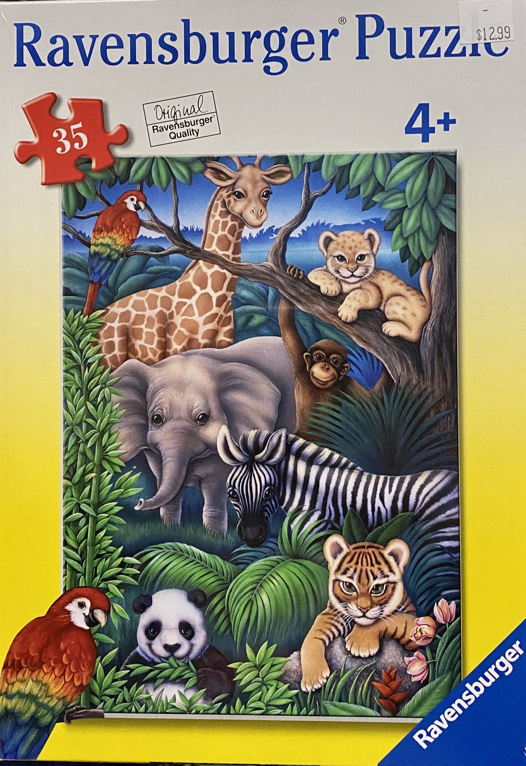 A Ravensburger puzzle box for ages 4+ showing a colorful jungle scene with a giraffe, elephant, tiger, panda, and birds.