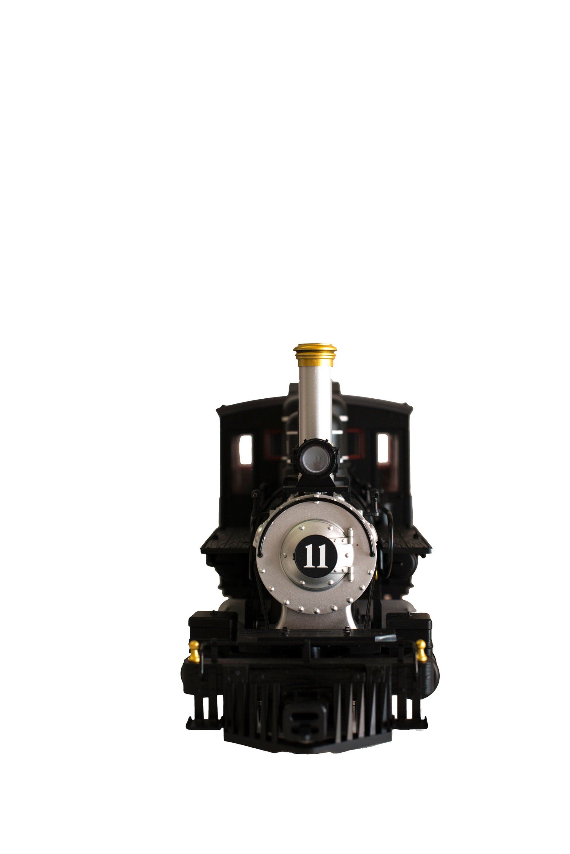 A black and silver toy steam locomotive shown from the front, featuring the number 11 on its circular smokebox door.
