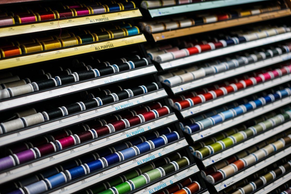 A store display featuring rows of multicolored spools of sewing thread organized by shade on slanted shelves.