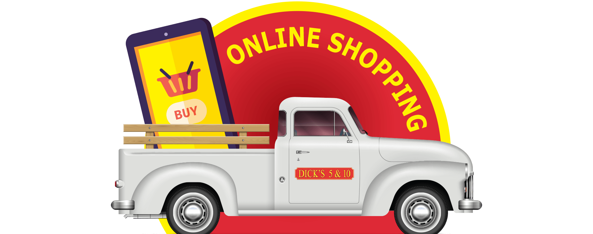 A vintage white pickup truck carries a large smartphone with a shopping basket icon in front of an online shopping sign.