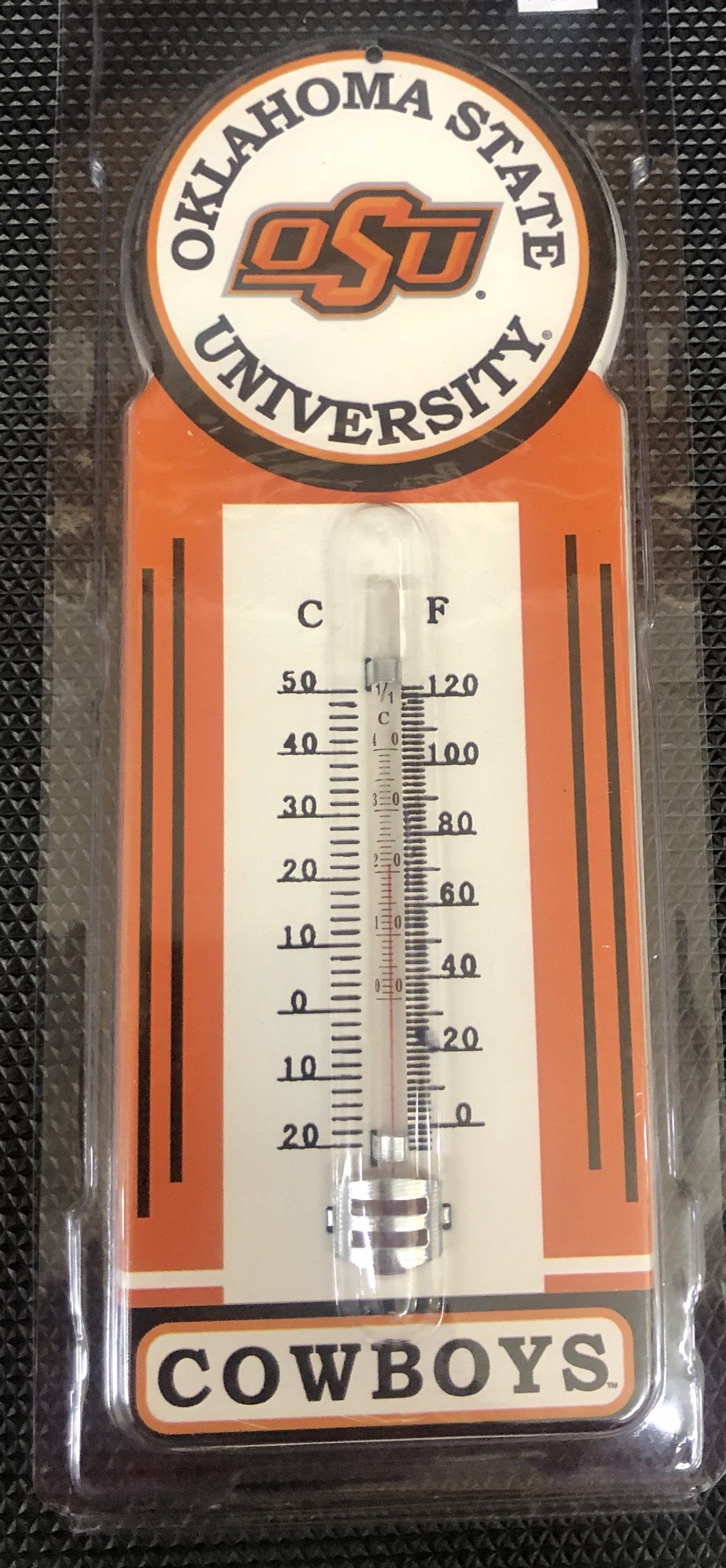Oklahoma State University-themed wall thermometer in orange and white packaging with 