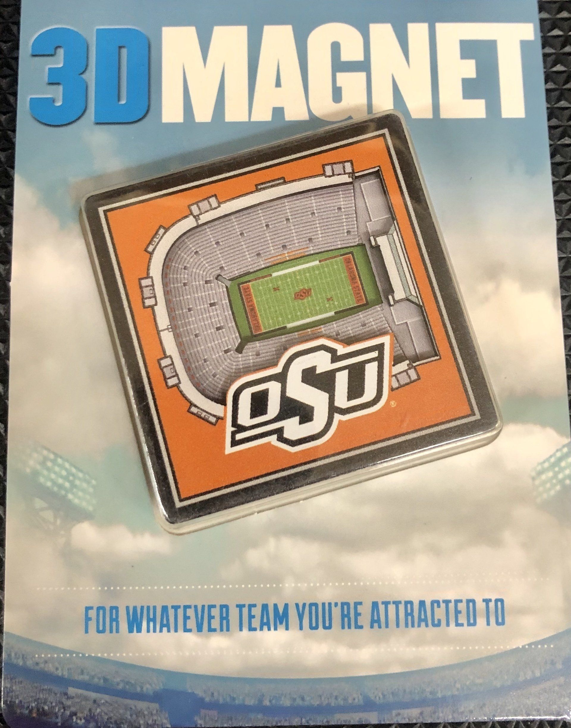 A souvenir magnet of an Oklahoma State University football stadium in a rectangular package with blue text.
