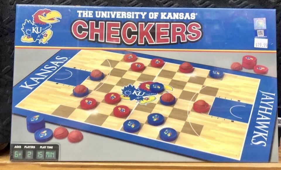 University of Kansas Jayhawks-themed checkers game box featuring a basketball court design and red and blue game pieces.