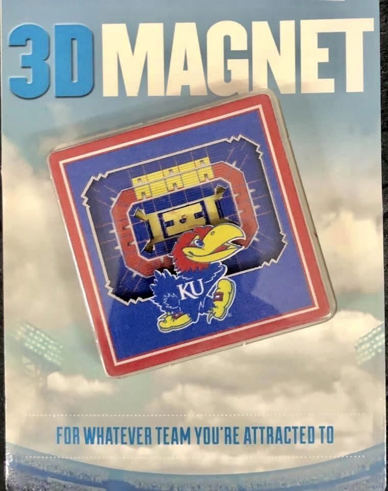 A KU Jayhawk 3D stadium magnet  featuring a blue background and the slogan, 