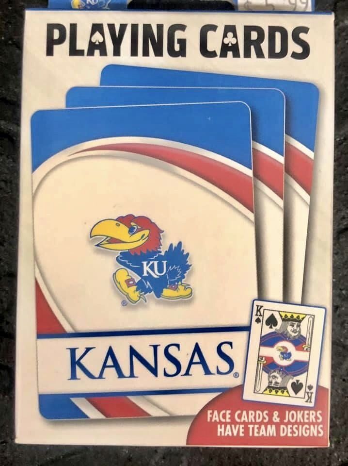 A deck of University of Kansas branded playing cards featuring the Jayhawk mascot in blue, red, and white.