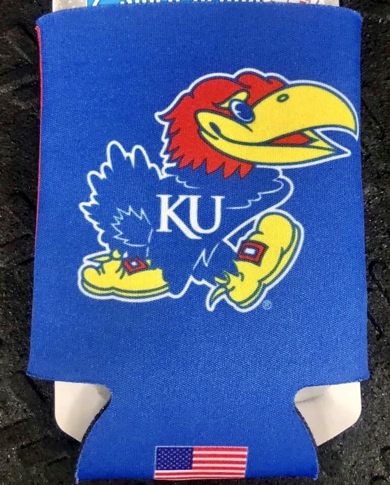 Blue foam beverage cooler featuring the Kansas Jayhawk mascot and the letters 