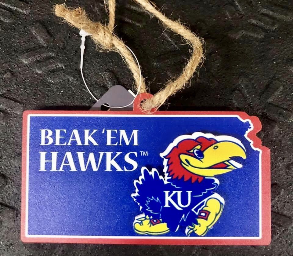 A blue, Kansas-shaped ornament features the Jayhawk mascot, 