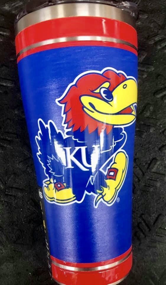 A blue tumbler featuring the red and yellow Kansas Jayhawk mascot logo with 
