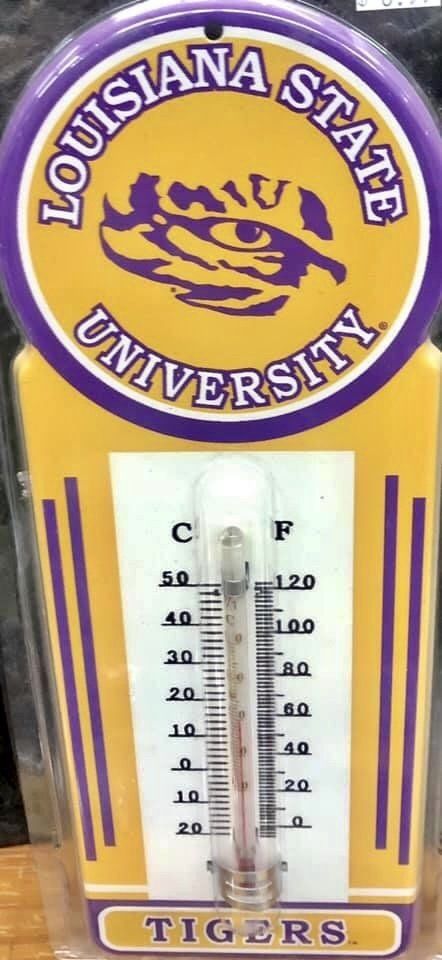 An LSU Tigers branded thermometer with purple, gold, and white accents, showing Celsius and Fahrenheit scales.