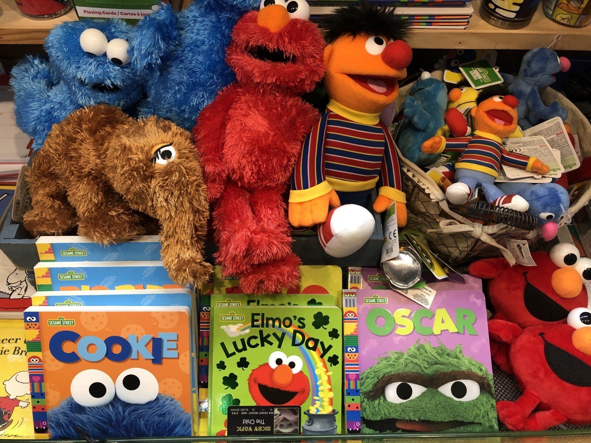 Sesame Street plush toys and storybooks featuring Cookie Monster, Elmo, Ernie, and Oscar the Grouch on a store shelf.