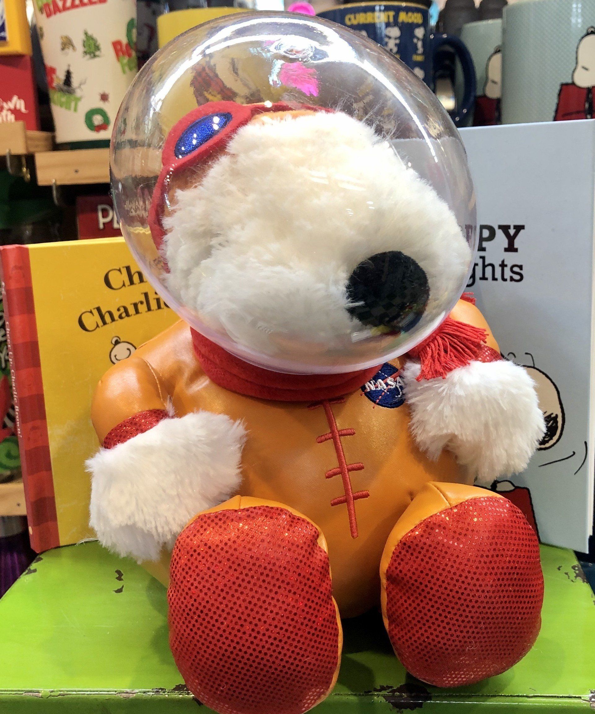 A Snoopy plush toy wearing an orange NASA spacesuit and a clear helmet, seated in front of a shelf with Peanuts books.