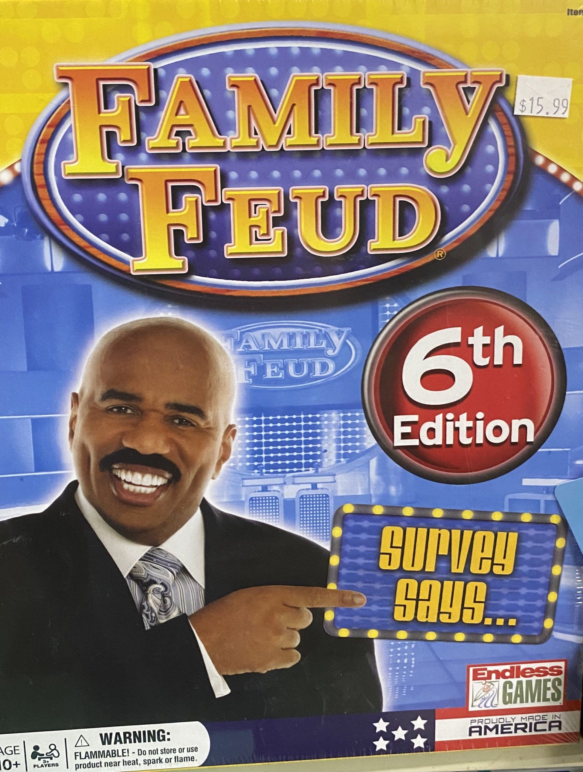 The box cover for the Family Feud 6th Edition board game features Steve Harvey pointing to the phrase 