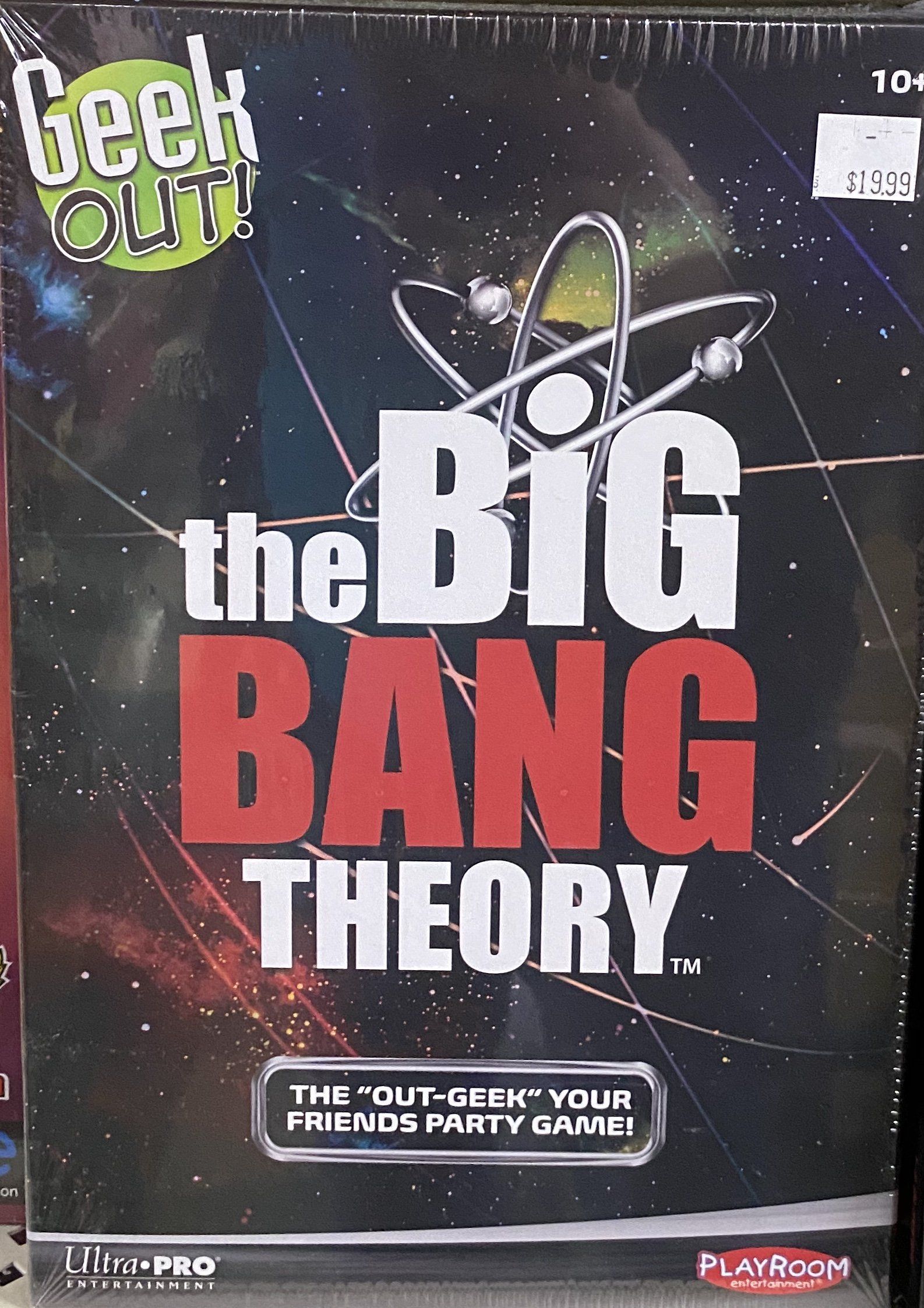 A vertical product box for the Geek Out! The Big Bang Theory party game on a black, space-themed background.