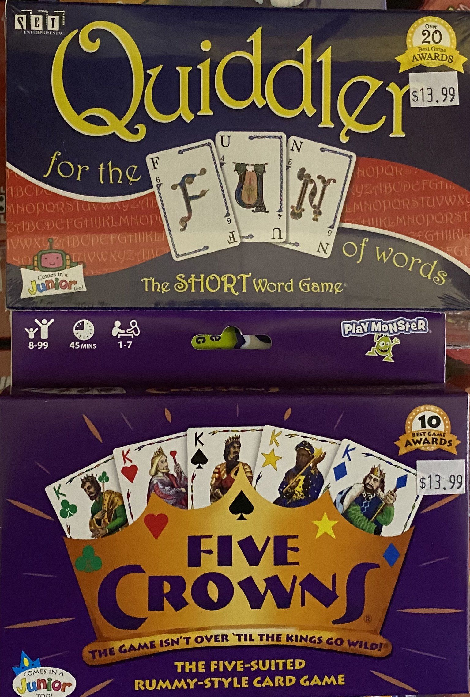 Two card games, Quiddler and Five Crowns, are stacked on top of each other.