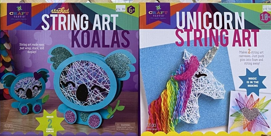 Two Craft City string art kits: one featuring blue koalas and another featuring a rainbow-maned unicorn.