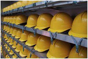 Rows of yellow hard hats 