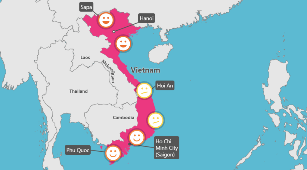 A map of vietnam with smiley faces on it