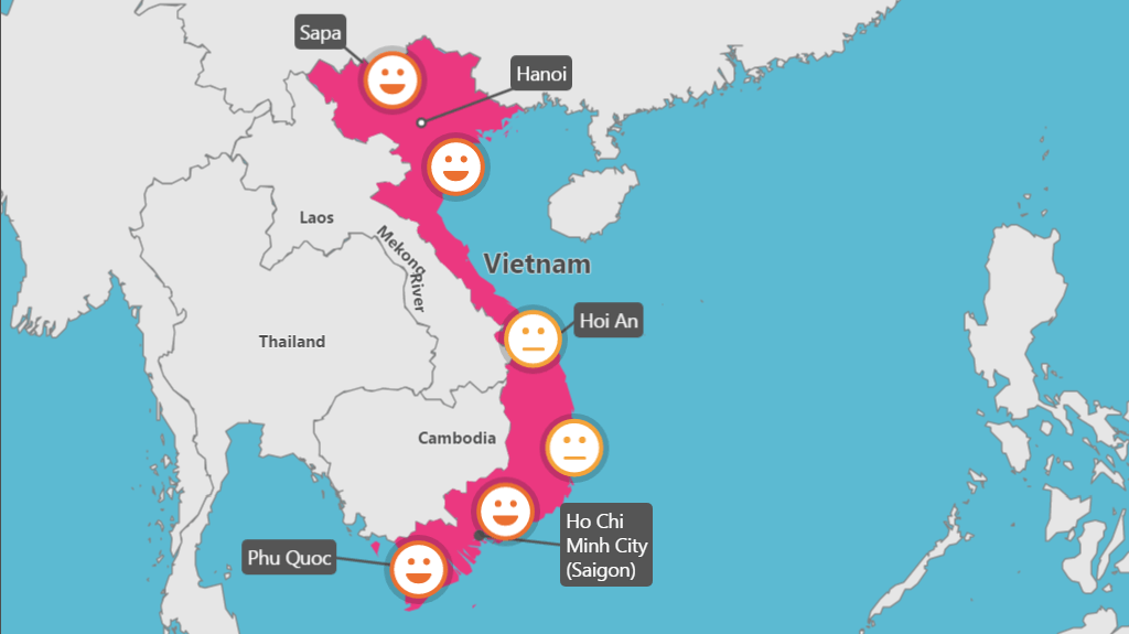 A map of vietnam with smiley faces on it