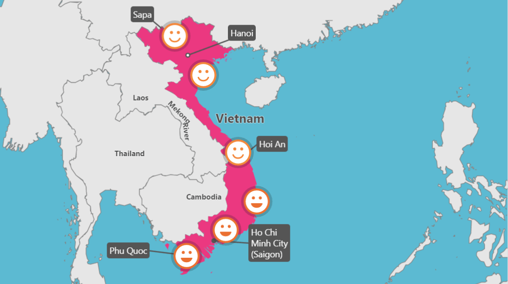 A map of vietnam with smiley faces on it