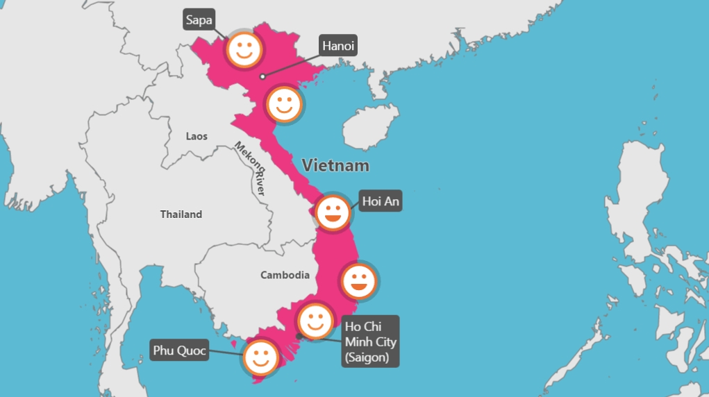 A map of vietnam with smiley faces on it
