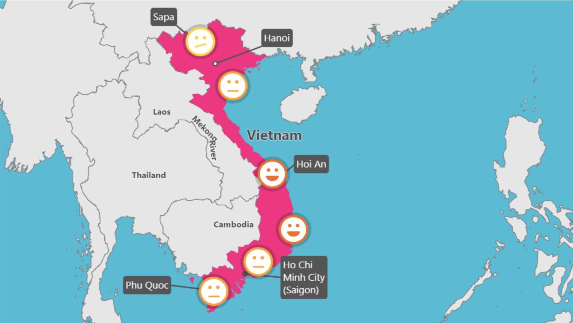 A map of vietnam with smiley faces on it