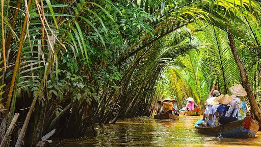 A group of people are riding boats down a river in the jungle.