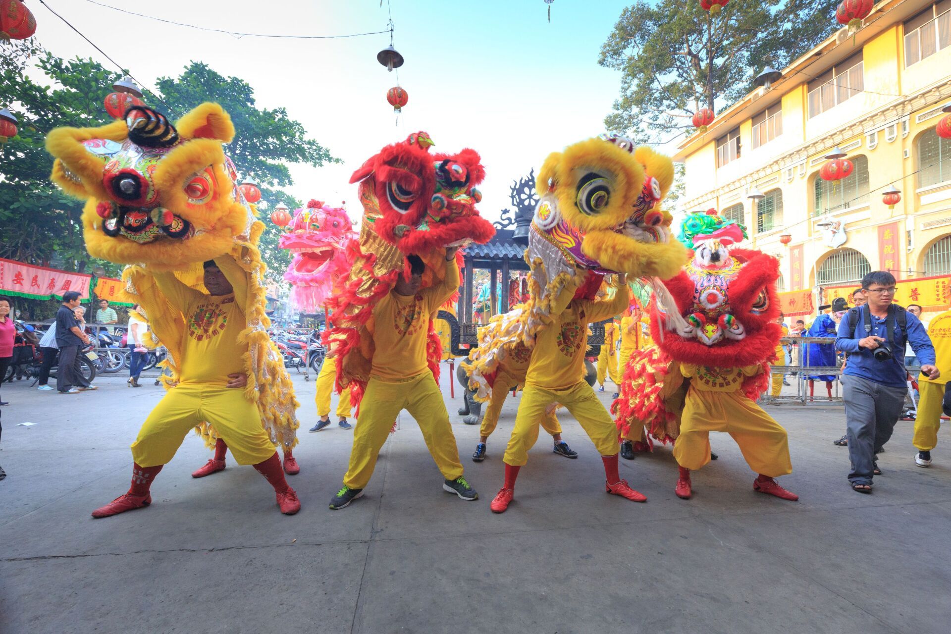 A group of people dressed as lions are dancing on a street.