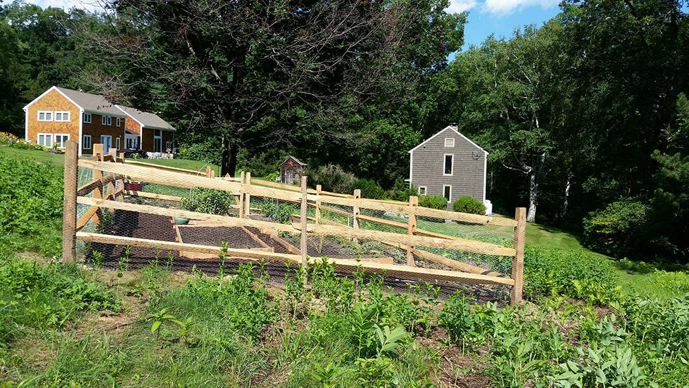 Wooden fence around a grassy hillside with two small houses in the background and dense trees behind them