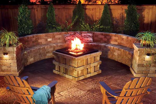 Paver patio with built in fire pit and bench seating