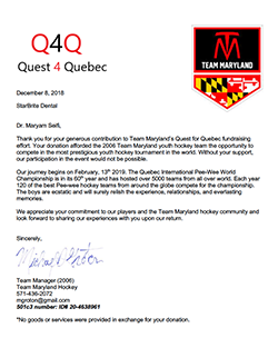A thank you letter from team maryland to quest 4 quebec.