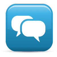 A blue square button with two speech bubbles on it