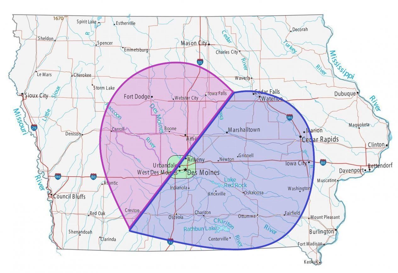 Map of Iowa with overlapping purple and blue circular areas, bisected by a dark purple line, centered around Des Moines.
