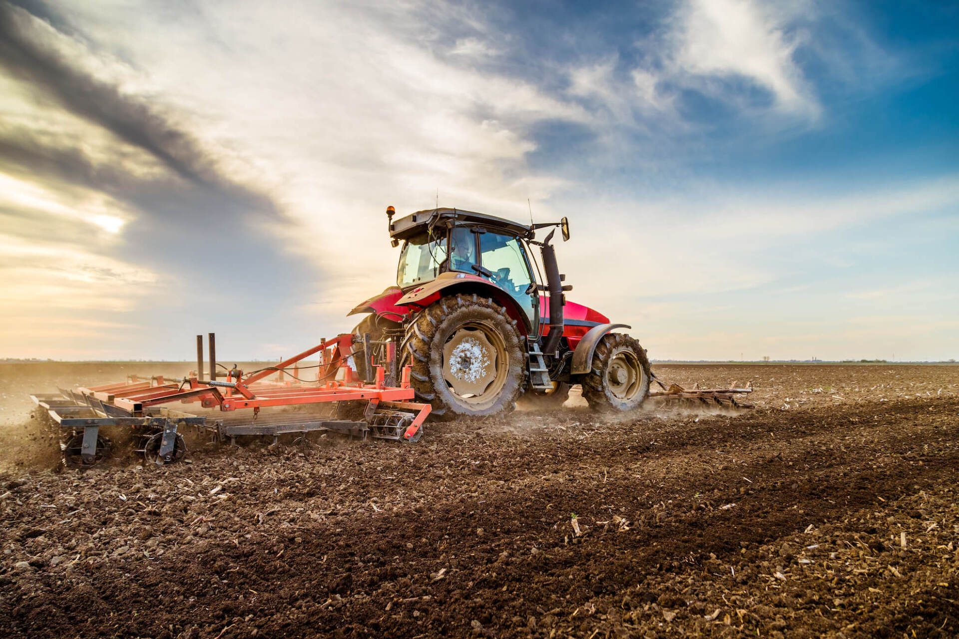 A red tractor is plowing a field at sunset.