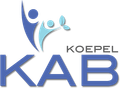 KAB Koepel-logo met blauwe en lichtblauwe abstracte figuren en een bladmotief.
