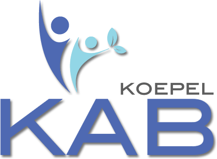 KAB Koepel-logo met blauwe en lichtblauwe abstracte figuren en een bladmotief.