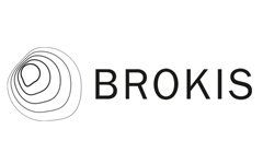 Een zwart-wit logo voor brokis met een spiraal in het midden.