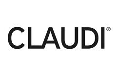 Een zwart-wit logo voor claudi sierkussens op een witte achtergrond.