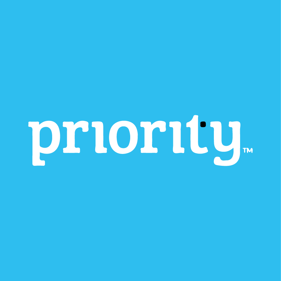 The priority logo is on a blue background.