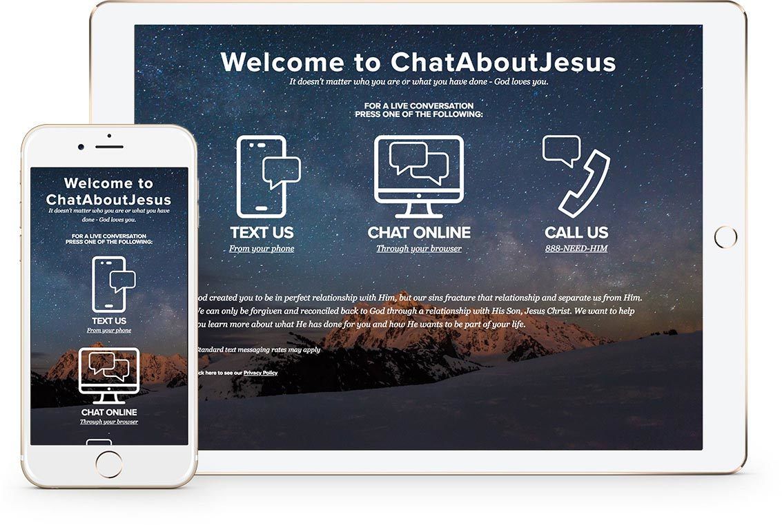 A phone and tablet are displaying a website called chat about jesus