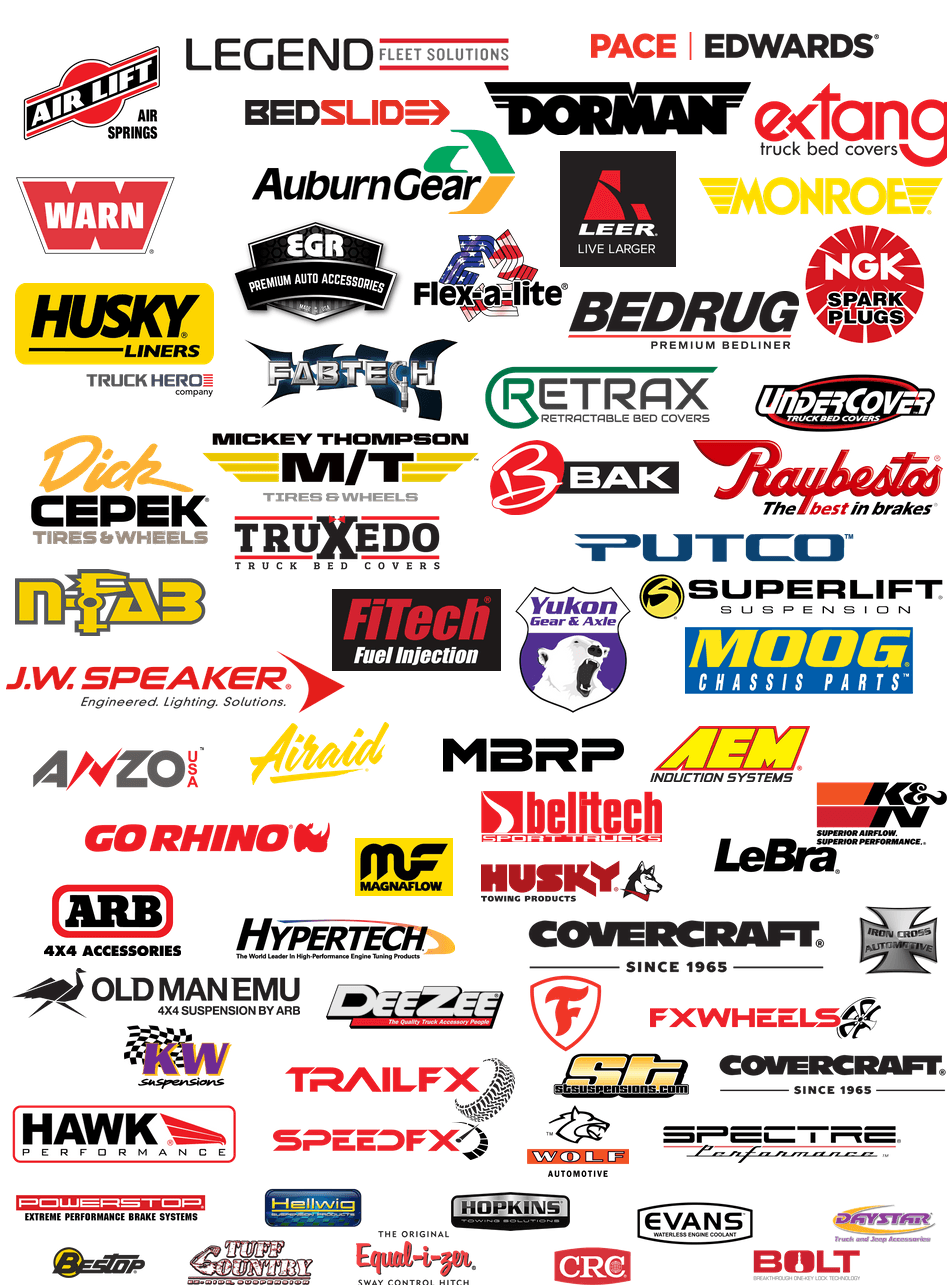 Logos de diverses marques de pièces et d'accessoires automobiles.