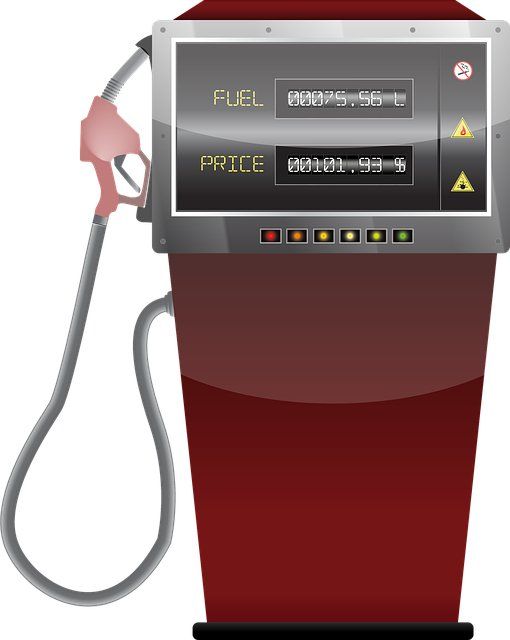 Pompe à essence rouge avec affichage numérique affichant les informations sur le carburant et le prix.